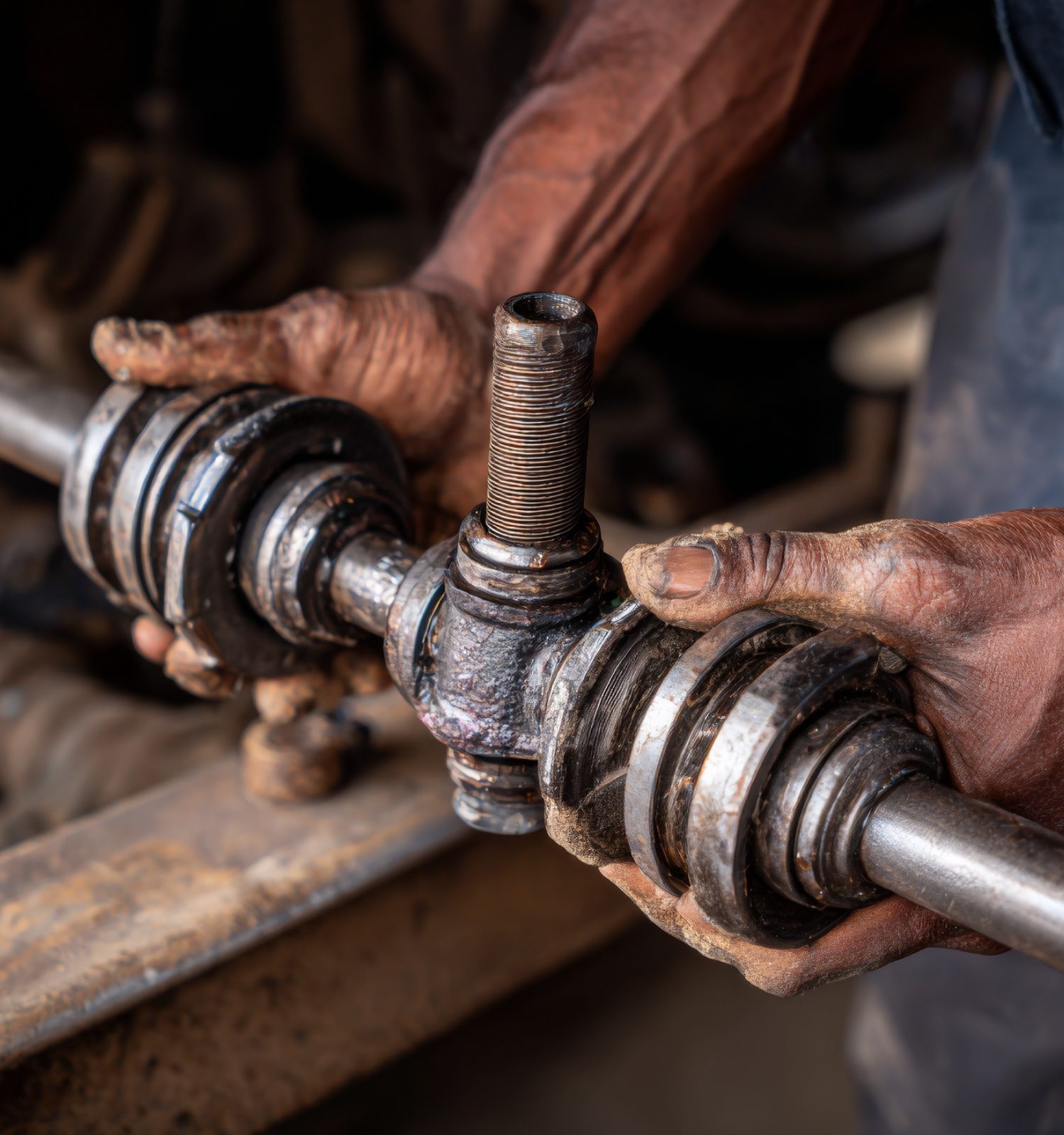 mechanic holding a worn out driveshaft - ADL Auto Repair & Driveshafts