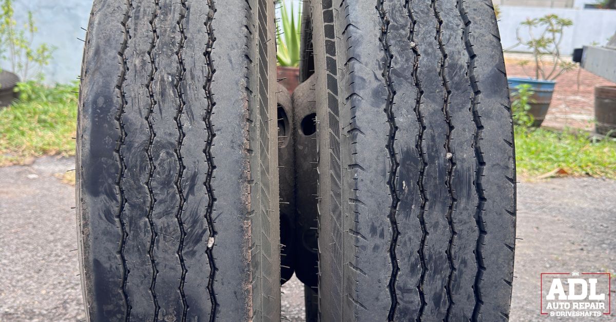 close up of tire wear side by side - ADL Auto Repair & Driveshafts vehicle alignment
