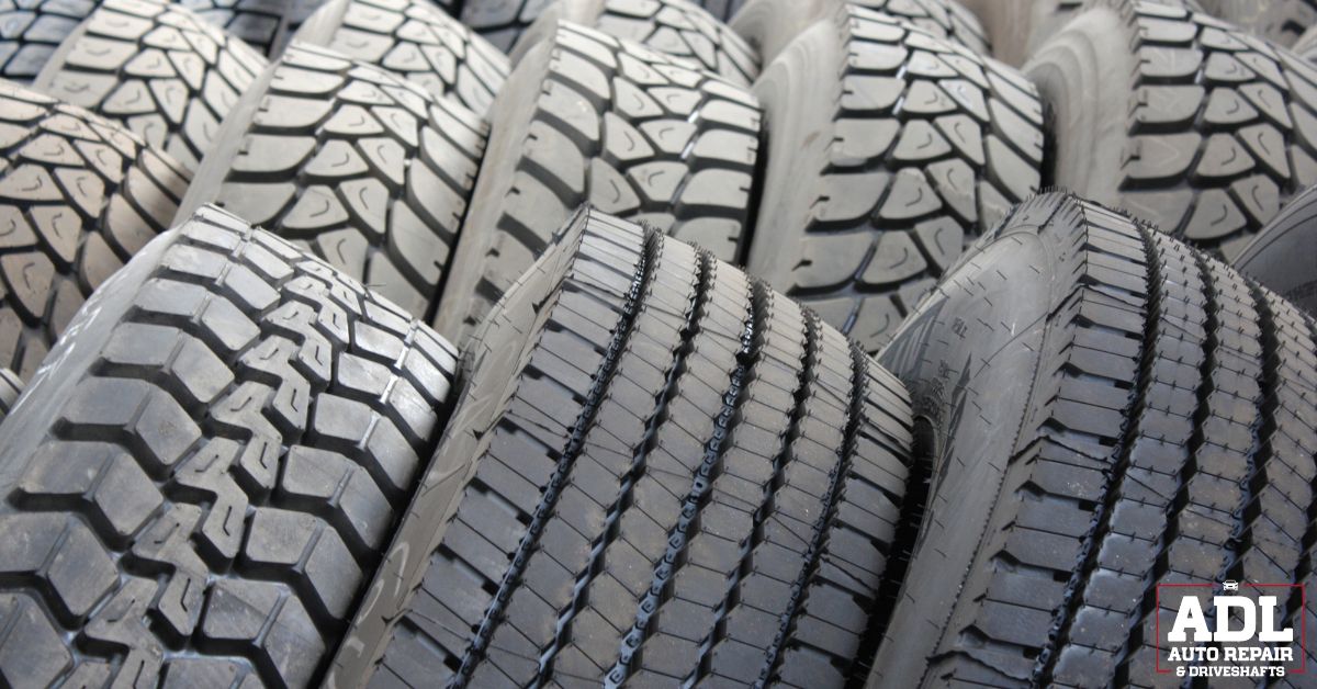 close up of tires stacked beside each other - ADL Auto Repair & Driveshafts Memorial Day Road Trip Prep