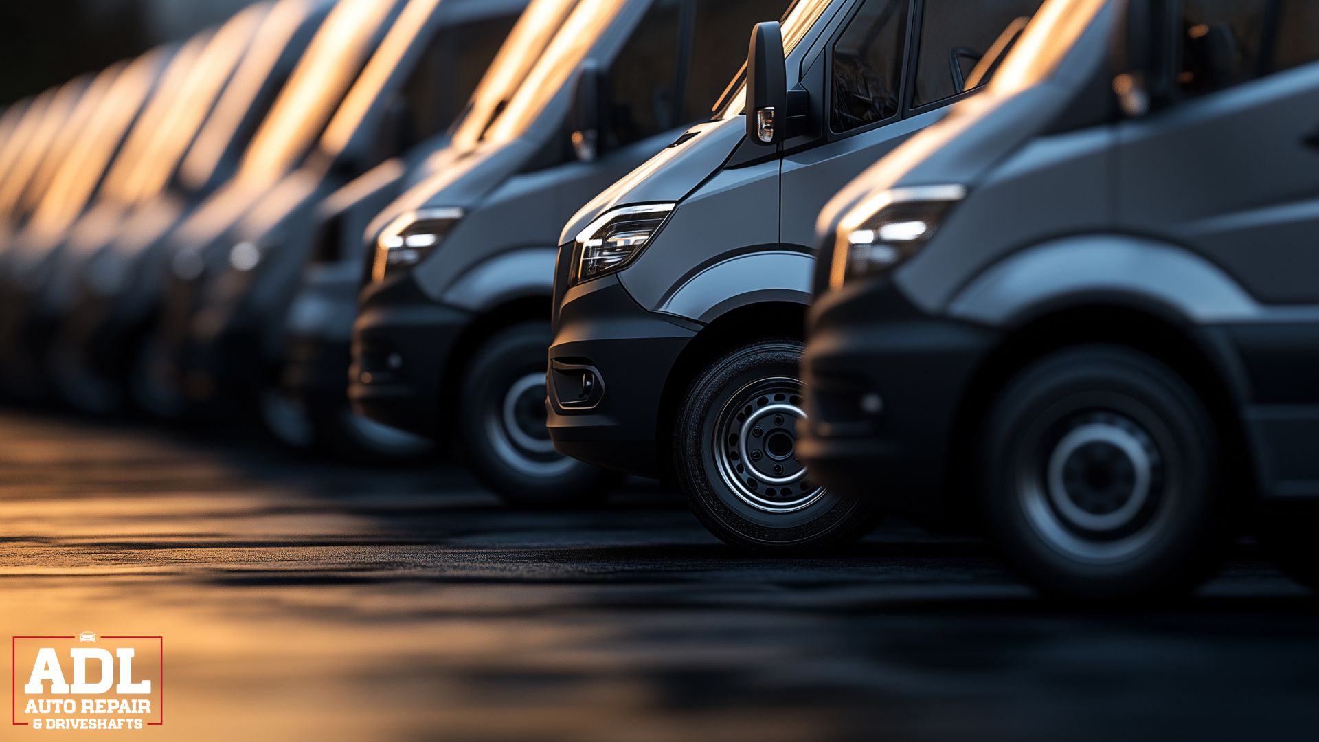 line up of commercial fleet vehicles/trucks - ADL Auto Repair Driveshafts AC Service for Commercial Vans