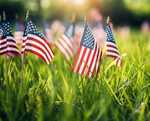 close up of American flags in green grass - ADL Auto Repair & Driveshafts Memorial Day Road Trip Prep